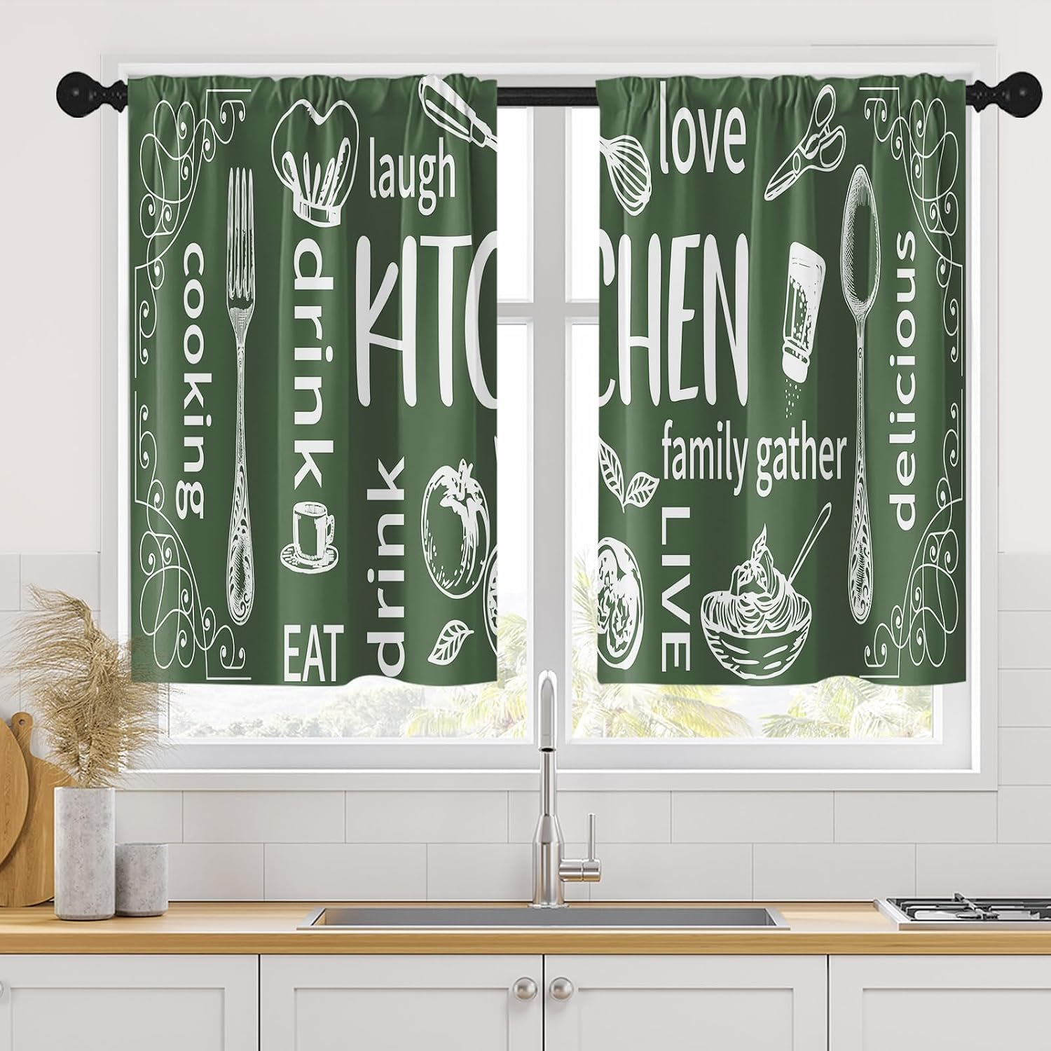 Home Cooking In French - Aesthetic Kitchen Curtain Pair Green Family